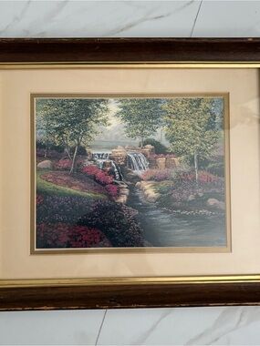 Framed Waterfall Landscape Art Print in Green and Pink
